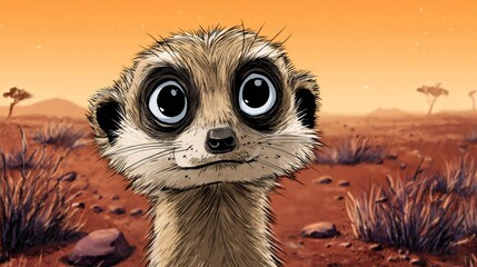 Curious meerkat exploring african desert landscape at sunset in comic book style