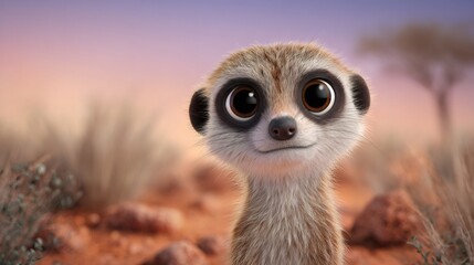 Adorable meerkat posing in the african savanna at sunset, a 3d render