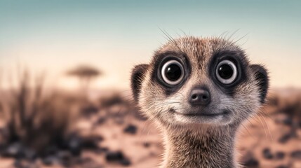 Curious meerkat smiling in the african desert at sunset