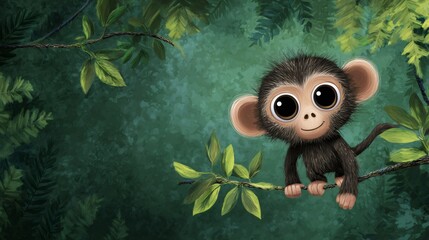 Cute baby monkey hanging on a branch in the jungle