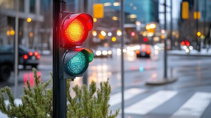 Countdown to 2026: stylized traffic light with year labels replaces traditional signals, downtown setting