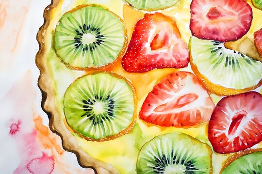 Vibrant watercolor painting of a fresh fruit tart with strawberries and kiwi - Powered by Adobe