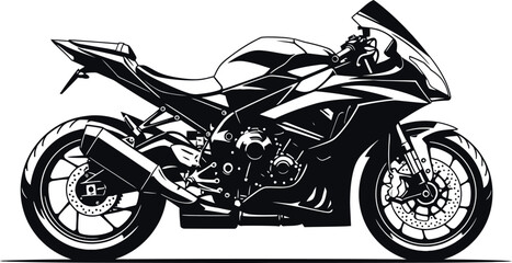 A detailed black and white illustration of a modern sport motorcycle on a white background art style