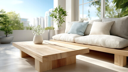 Cozy patio scene, modern wooden coffee table, plush cushions, bright sunlight, perfect for relaxation and outdoor gatherings.