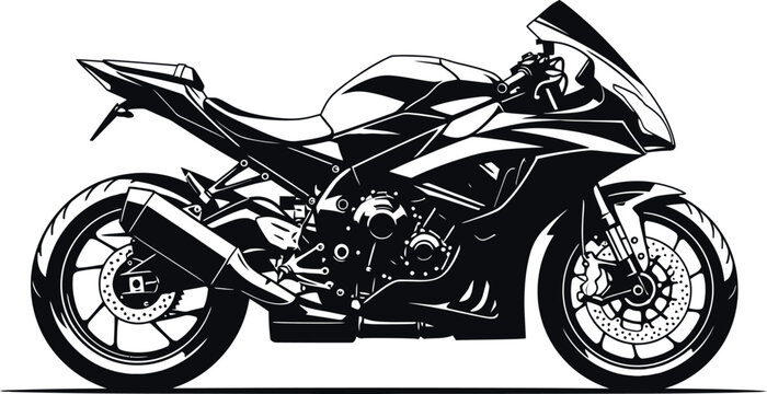A detailed black and white illustration of a modern sport motorcycle on a white background art style