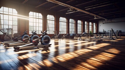 A photo of an open gym floor with rowing machines.