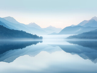 Serene Misty Mountain Lake Reflection: Peaceful Dawn Landscape Photography
