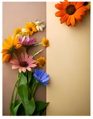 A vibrant arrangement of colorful flowers against a neutral background.