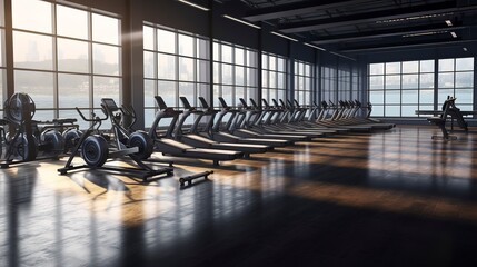 A photo of an open gym floor with rowing machines.
