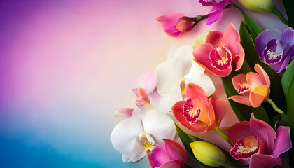 A vibrant arrangement of colorful flowers against a soft gradient background.