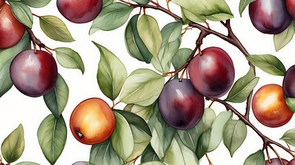 Watercolor botanical illustration of cherry plums on vine arranged in seamless, repeating pattern isolated on white background. Garden fruits. Fruitful summer orchard harvest. Vitamins, healthy food