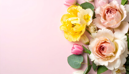 A vibrant arrangement of colorful flowers on a soft pink background.