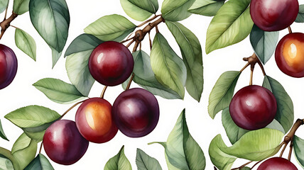 Watercolor botanical illustration of cherry plums on vine arranged in seamless, repeating pattern isolated on white background. Garden fruits. Fruitful summer orchard harvest. Vitamins, healthy food