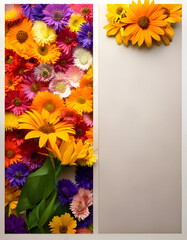 A vibrant arrangement of colorful flowers on one side with a blank space on the other.