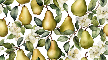 Watercolor botanical illustration of pears on the vine arranged in seamless, repeating pattern isolated on white background. Garden fruits. Fruitful summer orchard harvest. Vitamins, healthy food