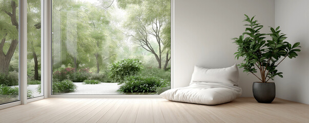 Serene indoor space, bright minimalist room with large windows, lush greenery outside, perfect for relaxation and creativity.