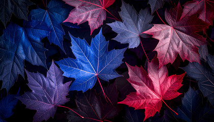 A vibrant arrangement of colorful leaves on a dark background.