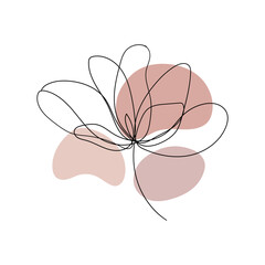 Whimsical Blossom with Blush. a playful single-line flower illustration over soft pink and beige abstract shapes, great for invitations, prints, and decor.