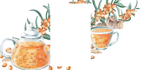 Rectangular frame of ripe sea buckthorn branches, teapot, ginger root. Isolated watercolor illustration for photo frames, tea menu, signs, postcards, drink labels, poster printing.