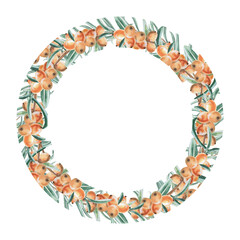 Round frame of sea buckthorn branches. Isolated watercolor illustration for decorating dishes, textiles, printing on fabric, postcards, design of printed products and for Harvest Day.