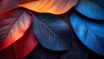A vibrant arrangement of colorful leaves showcasing intricate textures and patterns.