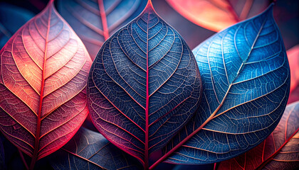 A vibrant arrangement of colorful leaves showcasing intricate textures and patterns.