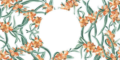 Rectangular frame of ripe sea buckthorn berries. Isolated watercolor illustration for decorating dishes, textiles, printing on fabric, postcards, design of printed products and for Harvest Day.