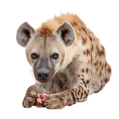 Obraz premium Spotted hyena crouching to eat raw meat on the ground and intense expression and natural texture and isolated white background Batch realistic clean bright simple modern stock image isolated on pl