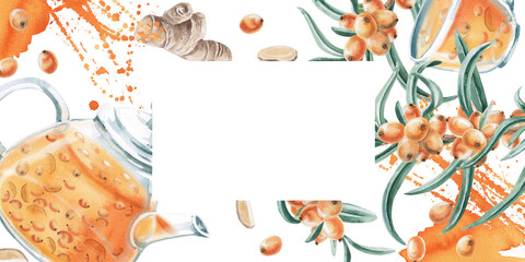 Rectangular frame of sea buckthorn berries, ginger, teapot. Isolated watercolor illustration for decorating dishes, textiles, printing on fabric, design of printed products and for Harvest Day.