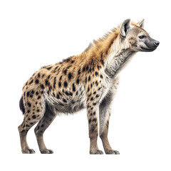 Obraz premium Spotted hyena side view with alert posture and visible spots and wild savanna realism and isolated white background Batch realistic clean bright simple modern stock image isolated on plain backgrou