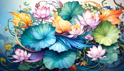 A vibrant arrangement of colorful lotus flowers and leaves in a decorative style.