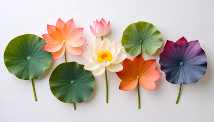 A vibrant arrangement of colorful lotus flowers and leaves on a white background.