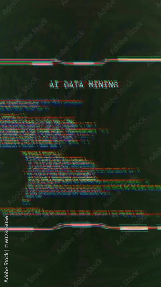 Poster animation of glitching interface ai data mining and blue lights on dark background