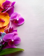 A vibrant arrangement of colorful orchids on a soft background.