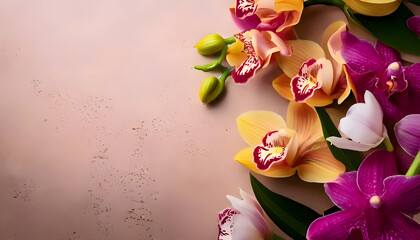 A vibrant arrangement of colorful orchids on a soft background.