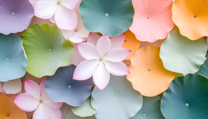 A vibrant arrangement of colorful paper lotus flowers and leaves.