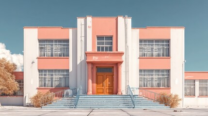 Modern school building facade with large windows and clean architecture