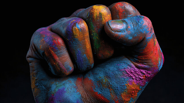 Vibrant fist covered in bright paint, symbolizing creativity, strength, and unity against a stark black background. Bold color expression. - Powered by Adobe