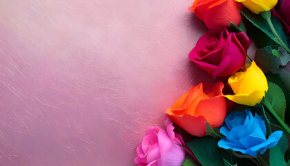 A vibrant arrangement of colorful roses against a soft pink background.