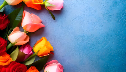 A vibrant arrangement of colorful roses on a blue background.