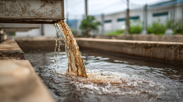 Industrial discharge flows from a pipe into a water basin, showing potential environmental impact of waste disposal and treatment challenges.