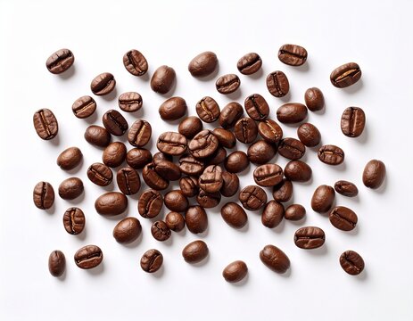 roasted coffee beans scattered on a pure white background