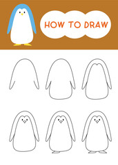 How to draw cute penguin cartoon step by step for learning, drawing, kindergarten, coloring book and education