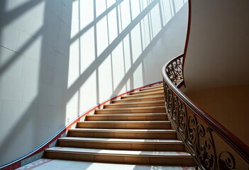 A sweeping staircase ascends, ornate banister, shadows cast,  luxury,  office