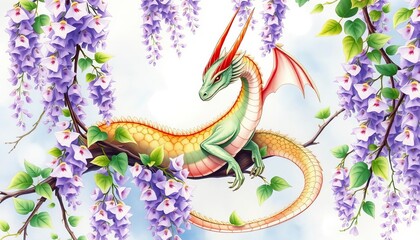 Delicate watercolor dragon, wisteria vines entwined, mystical, serene,  dreamlike,  art