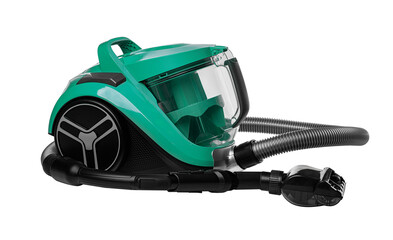 A modern green vacuum cleaner with a transparent dust container and flexible hose is isolated on a white background