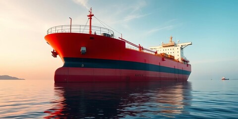 Imposing red and black oil tanker floats serenely in a calm bay, sea, water