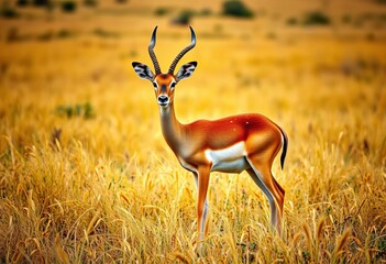A graceful impala stands alertly in the golden grasses of the Kenyan savanna, bright, habitat
