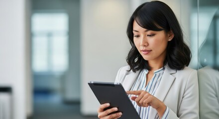 Fototapeta premium Woman in light blazer and striped shirt using tablet computer in office asian technology