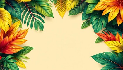 Golden & colorful tropical leaves border beige background,  generative ai,  texture